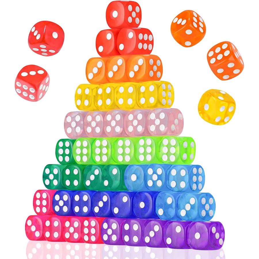 50pcs 14mm Acrylic Colored Transparent 6 Sided Dice Bulk Game Dice Classroom Teaching Board Game Party Playing Fun Tool
