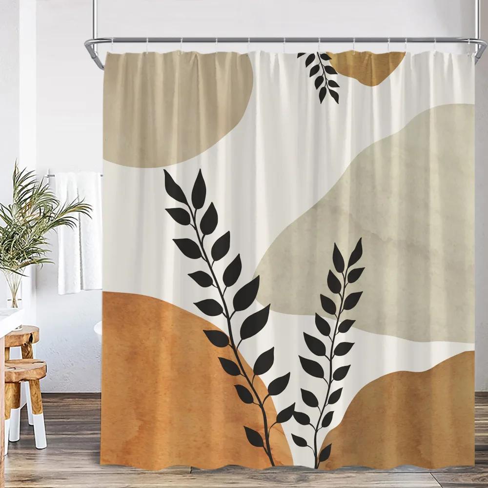 

Mid Century Abstract Shower Curtain Leaf Curve Simple Line Nordic Modern Bathroom Decor Polyester Fabric Bath Curtain with Hoo 90x180cm