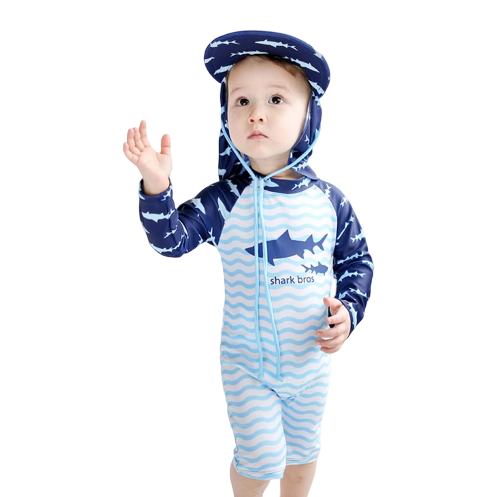 

Moerstar Детский купальник с защитой от солнца и УФ-излучения, комбинезон для воды с акулой, шляпа для мальчиков, защита, защита, бассейн, игра, бассейн, пляж, (Япония, Рост, 90 см,