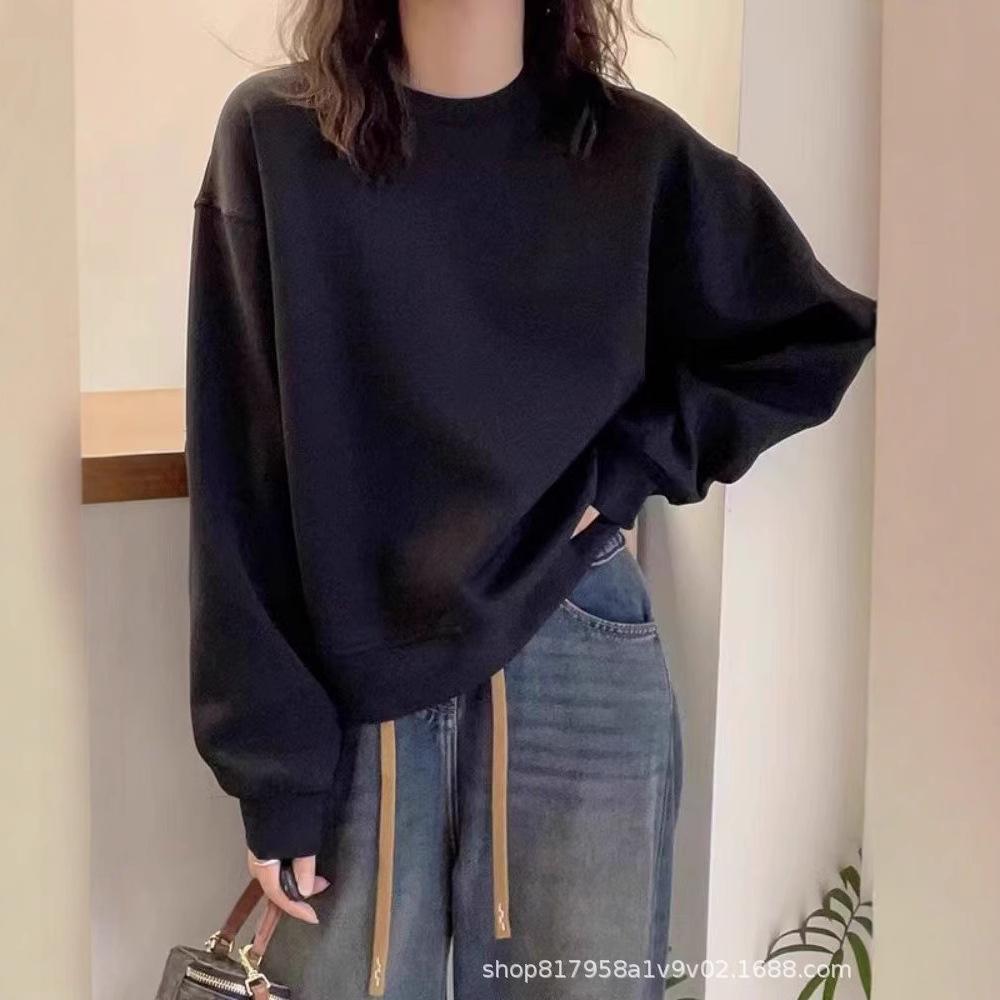 Bluză de molton galben ghimbir cu gât rotund pentru femei: La modă, Casual, Croială lejeră pentru primăvară și toamnă