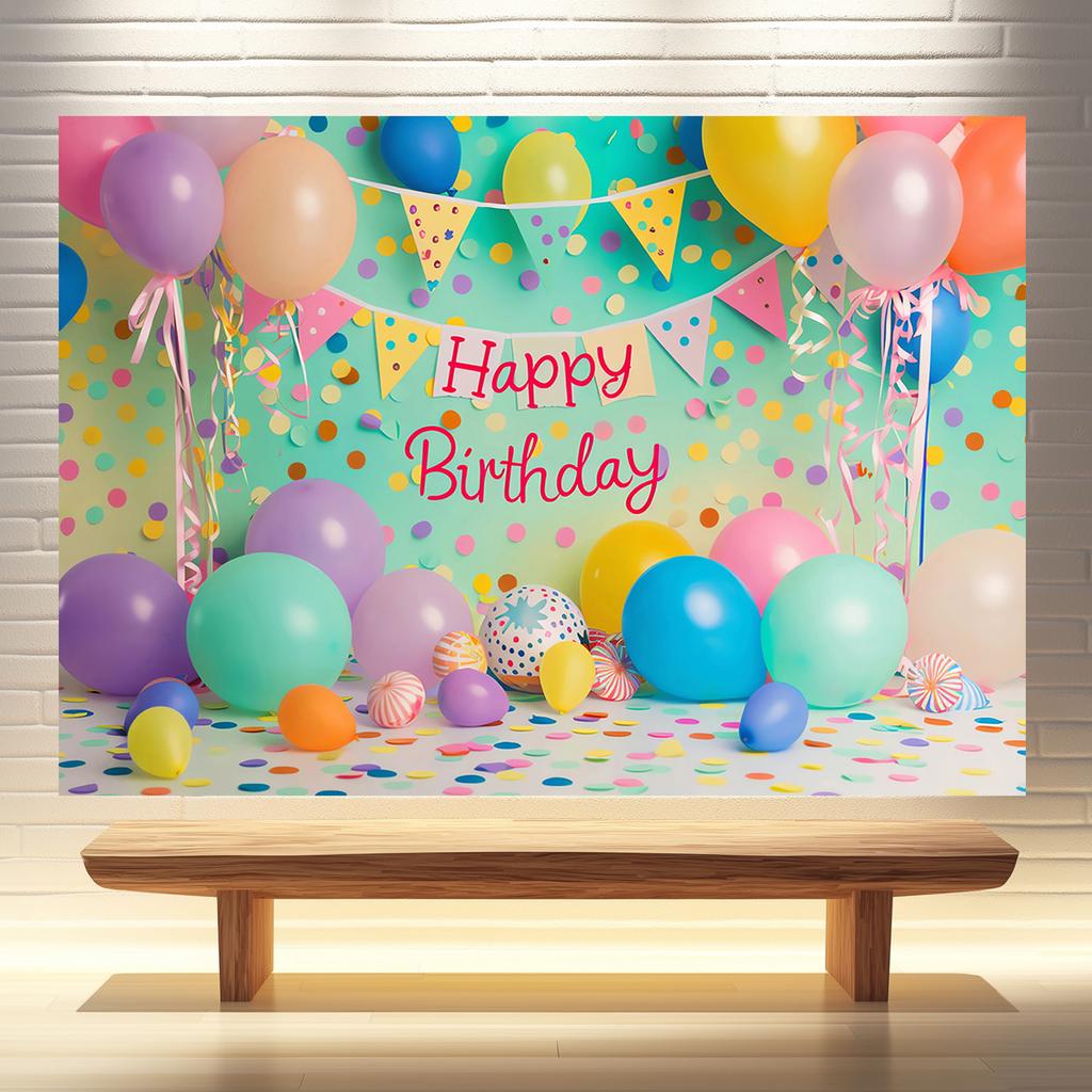 Happy Birthday Photo Booth Background Cloth - Bright Balloon and Cake Patterns, for Ladies' Celebration Parties