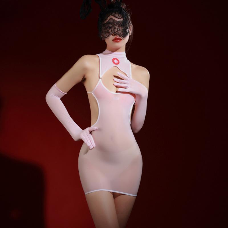 Women Sexy Ultra-Thin Bodysuits Cosplay Nurse Uniform Erotic Lingerie Oil Shiny Buttocks Skirt Stockings Gloves Smooth Jumpsuits