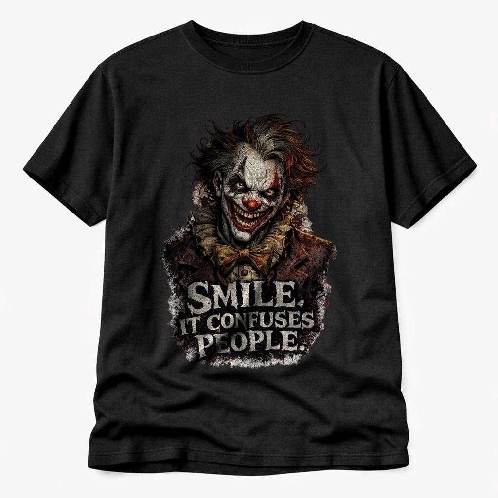Maglietta da Clown Stile Joker Oscuro – Sorridi Confonde la Gente – T-shirt Horror Gotica