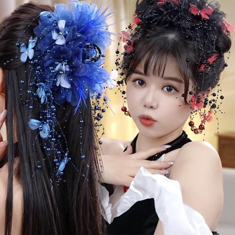 Fairy Butterfly Feather Tassel Hair Claw Shark Clips Temperament Mesh Flower Claw Clip Women Headwear Hair Accessories