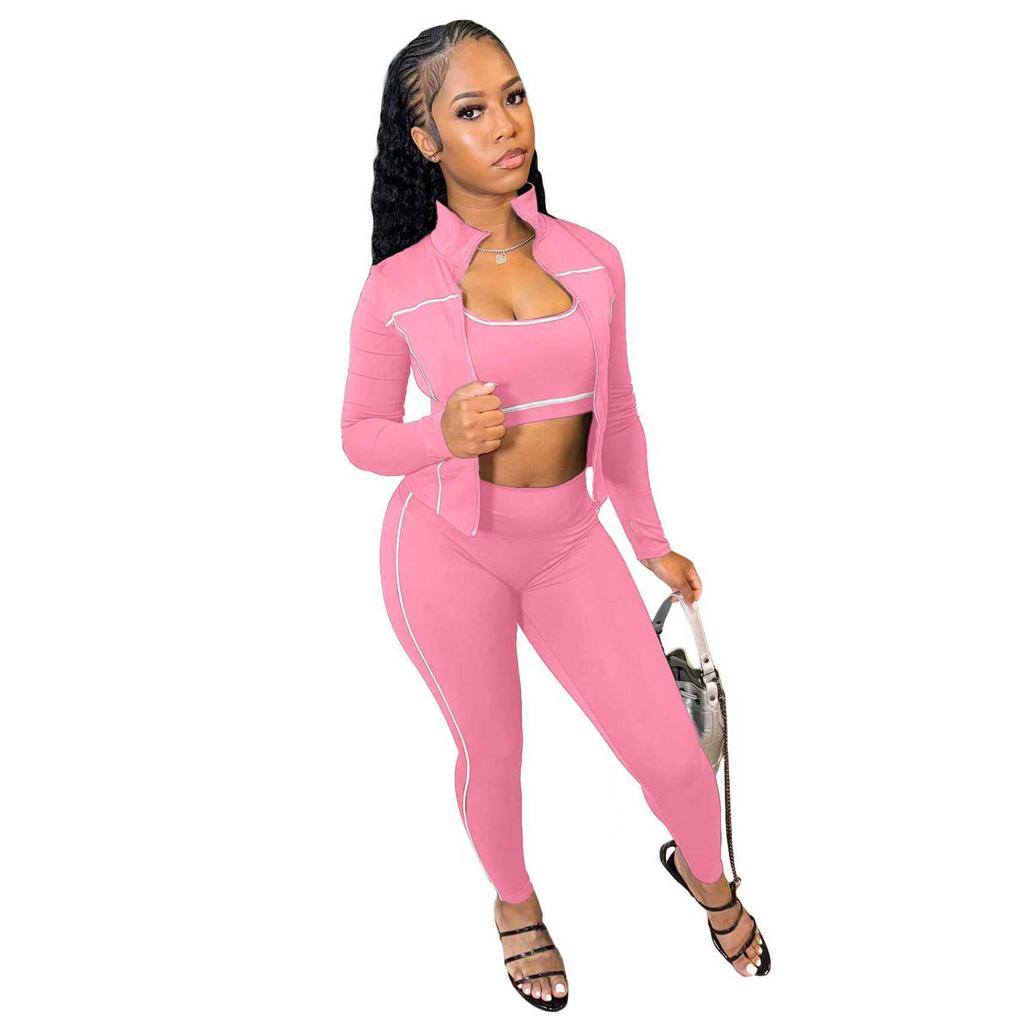 Completo da Donna in Tre Pezzi Set Sportivo Coordinato Giacca con Zip Skinny Top a Canotta Pantaloni a Matita Vita Elastica Slim Casual Primavera 2026