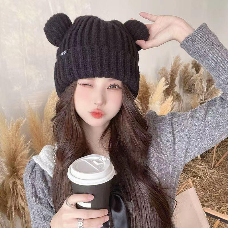 Winter cute cartoon plush hat bear ears wool hat female warm thickened ear protector knitted hat student