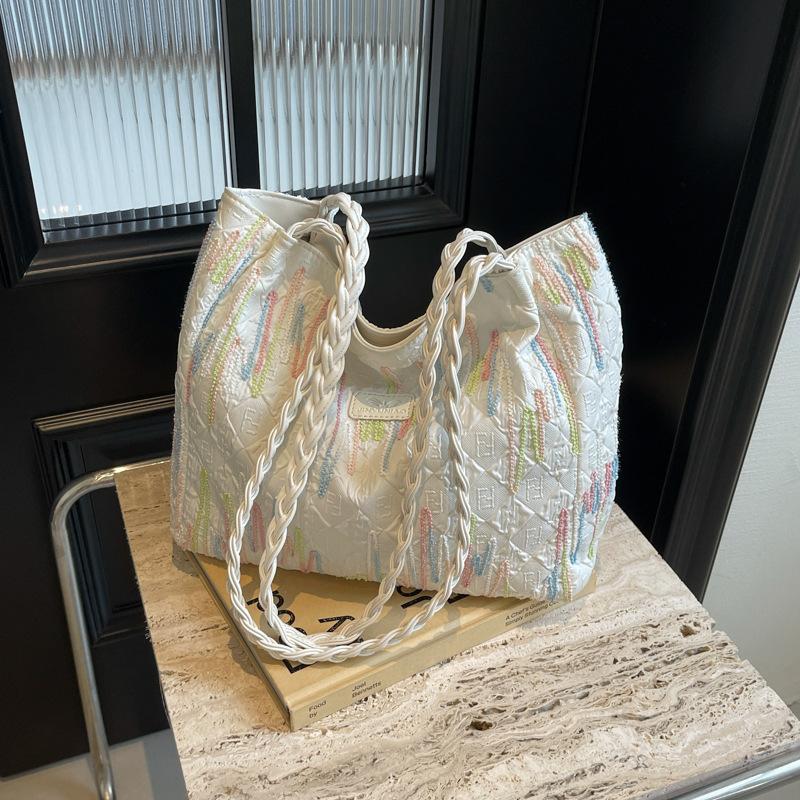 Student class canvas bag women's 2025 new summer shoulder armpit bag striped large-capacity commuter tote bag