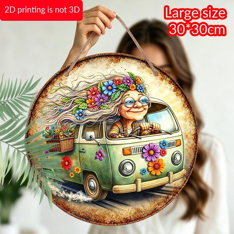 2D Flat Aluminum Colorful Floral Hippie Grandma Decorative Plaque and Ornament. Bohemian-style Flower Cart Wall Decoration, Suitable for Porches
