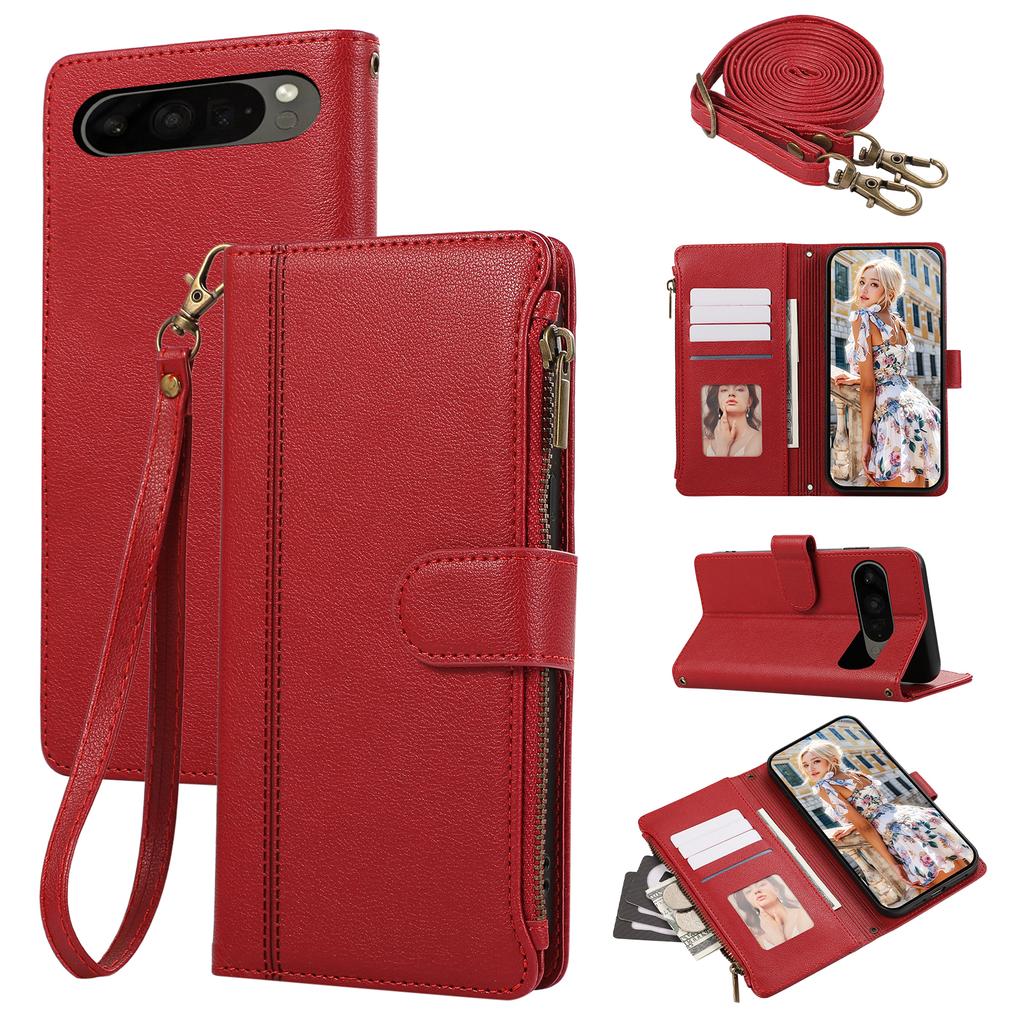 For Google Pixel 9 Pro XL Case Multi Card Slots Zipper Leather Phone Cover with Shoulder Strap/Wrist Strap