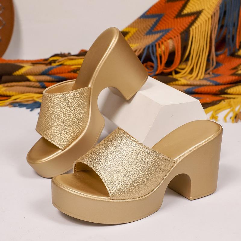 

High-heeled Flip-flops Summer New Round Toe Open-toe Platform Non-slip Wear-resistant Block Heel Shoes 36 золотой