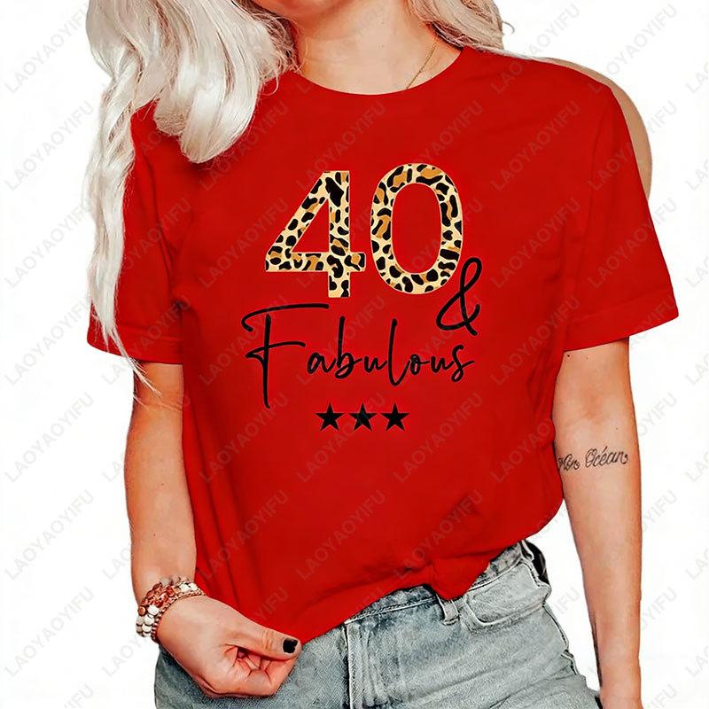 Personalised Custom Leopard Tshirt for Woman 40th Birthday Fabulous Bithday Age Perfect Gift Lovely Fashion Cotton Summer Tops