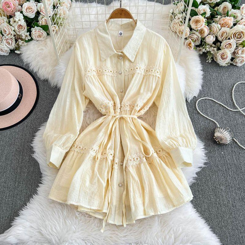 

Fall 2025 New Arrival K-style Shirt Dress Small Loose Slim Looking Lace Lantern Sleeve Short Waist-Controlled Skirt Women Apricot color One size