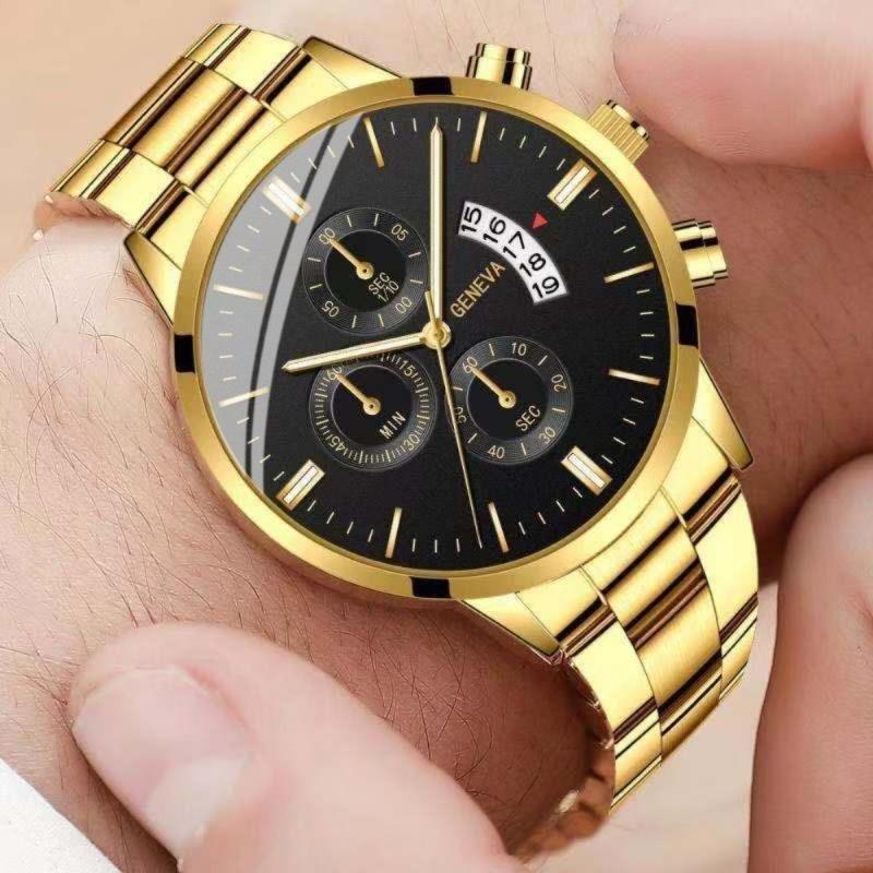 Sada 3ks Móda Luxusní Pánské Obchodní hodinky Pánské Hodinky pro volný čas Nerezové Quartz náramkové hodinky Pánské náramkové hodinky se zlatým náhrdelníkem