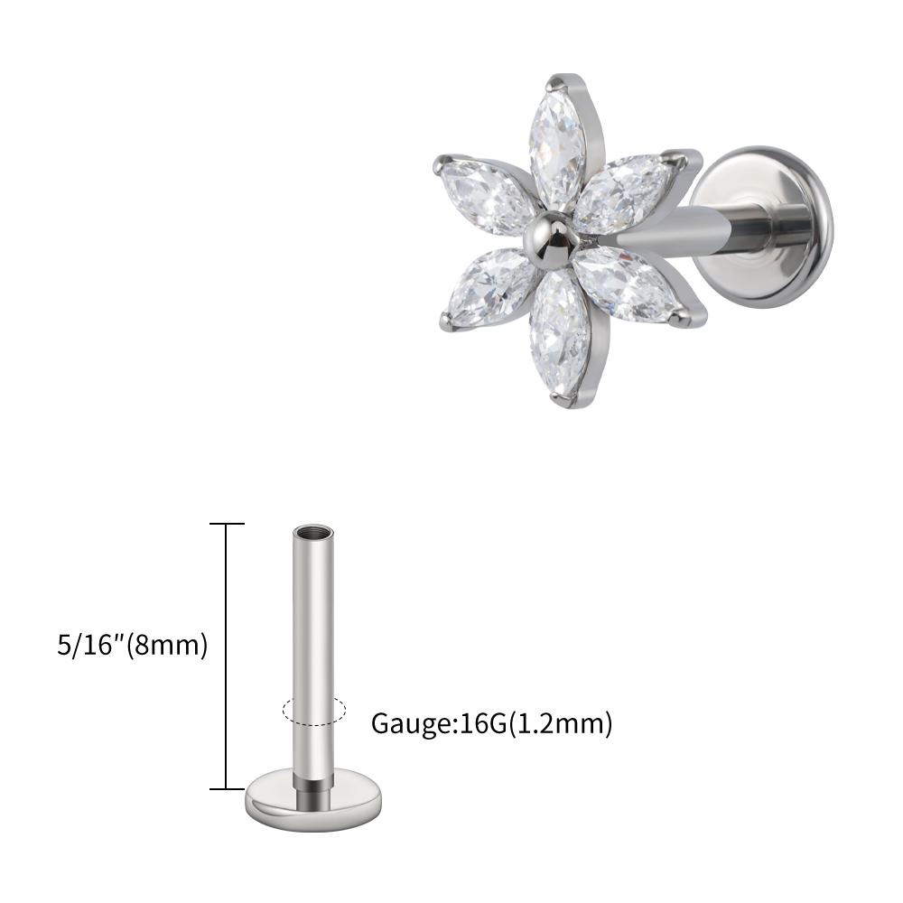 Right Grand ASTM F136 Titanium 16G Marquise Flower CZ Labret Stud Helix Conch Cartilage Tragus Flat Back Piercing Body Jewelry