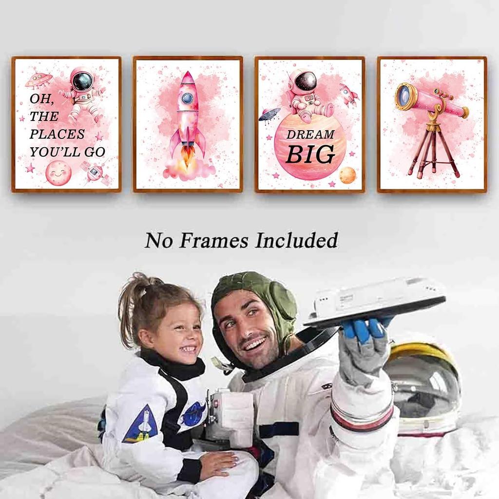 ZHAXFA Pink Outer Space Decor for Kids Room Girls Bedroom Watercolour Star Rocket Astronaut Posters Set Of 4 (8 x10 IN Unframed),Cute pirational Art