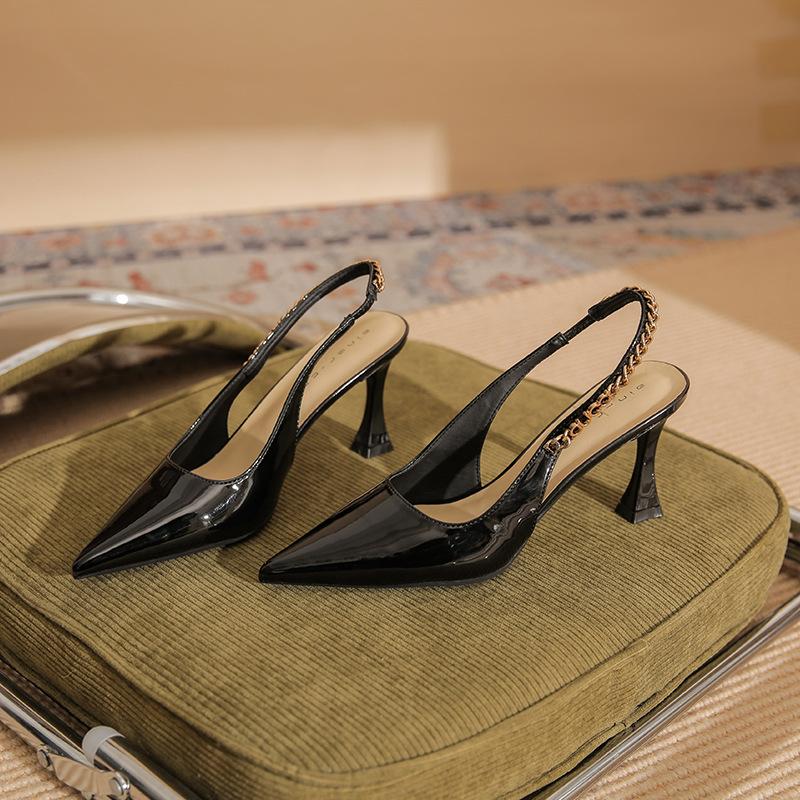 73213 [sheepskin] high heels women's thin heels 2025 new pointed empty sandals temperament commuter shoes