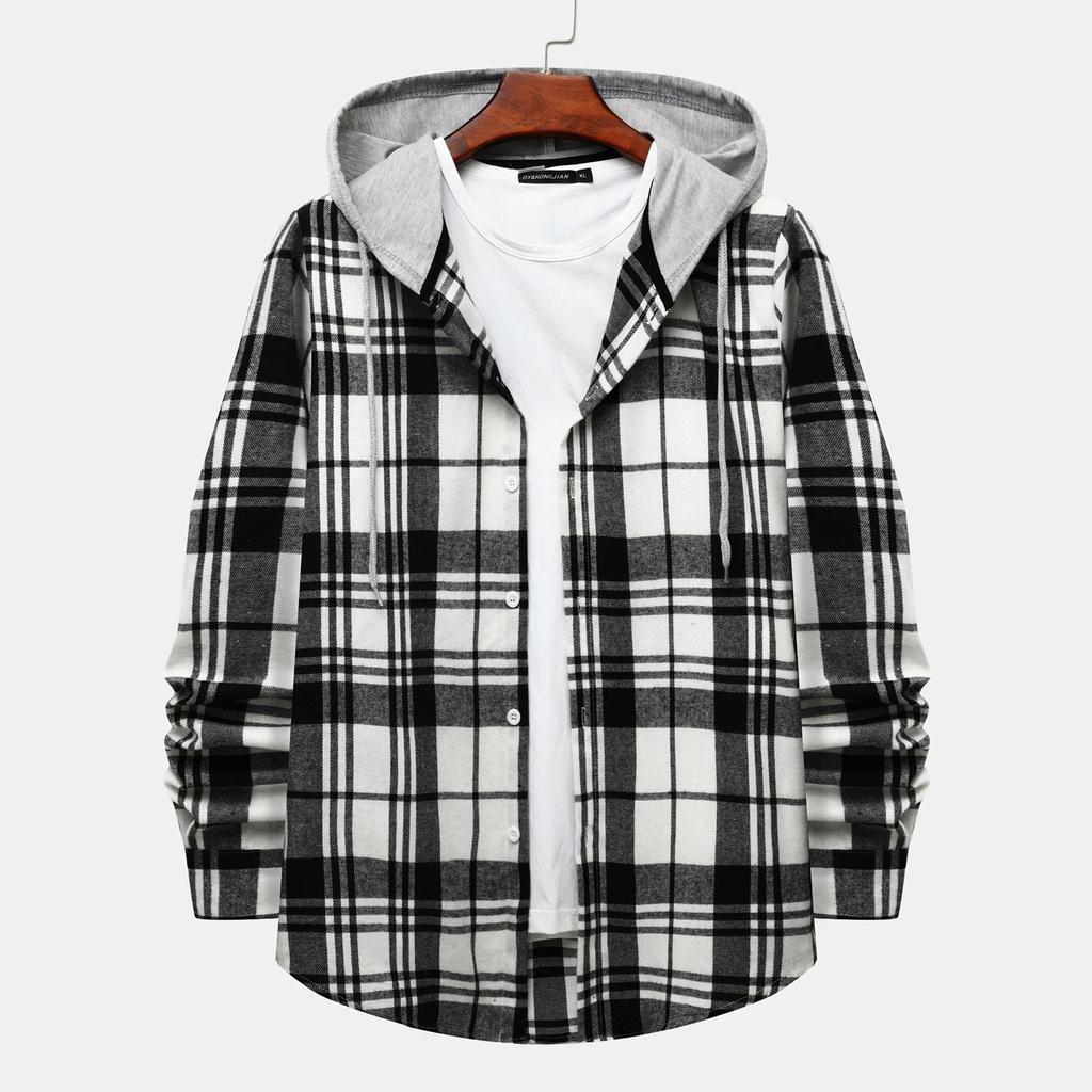 Autumn New Men's Casual Fashion Couple Hooded Plaid Long Sleeve Shirt Trend