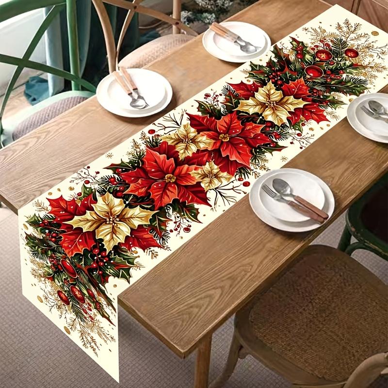 Christmas Tablecloth Vintage Poinsettia Print Polyester Table Cover Farmhouse Dining Table Decor for Kitchen Holiday Party