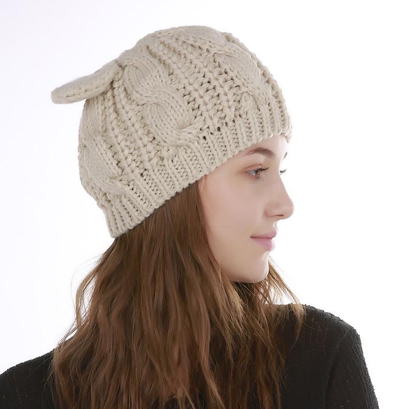 Neue Herbst- und Winter-Strickmütze für Damen, Jacquard, 8-förmig, verdreht, Katzenohren, niedliche Wollmütze