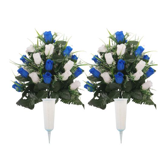 2 Stück künstliche Friedhofsblumen für den Außenbereich Grabstein Kunstrose mit Vase Friedhof Gedenkstrauß für Friedhofsgrabsteine Dekoration