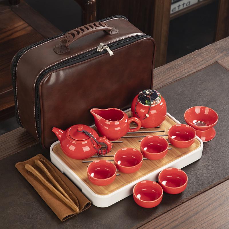 Travel ceramic Kung Fu tea set, tea tray, a full set of portable storage bags, practical business gifts for customers