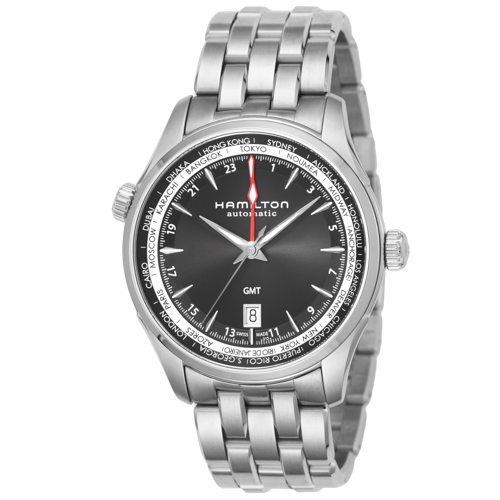 

Watch Jazzmaster GMT Auto Jazzmaster Black Dial Stainless Steel Sapphire Crystal Automatic Winding 5 ATM Water Resistant Swiss Watch H32695131 Silver срібний