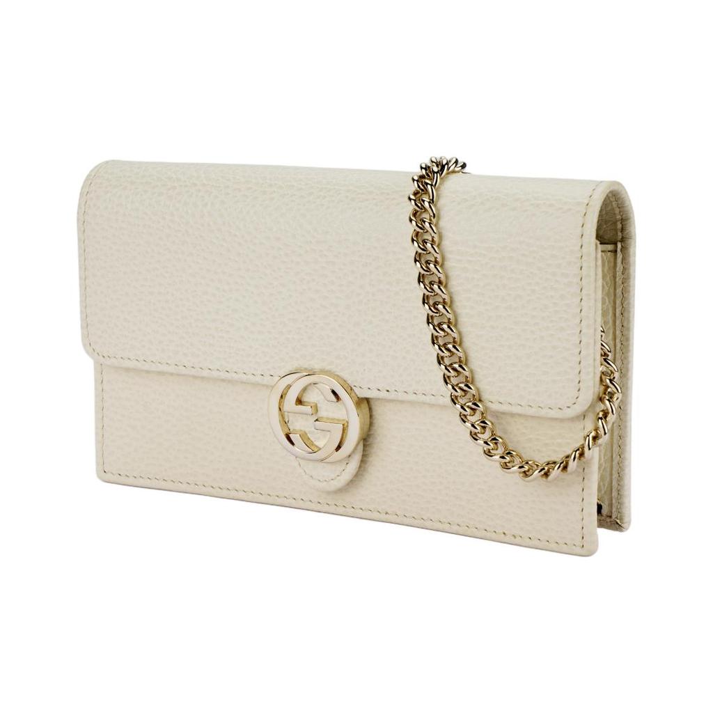 GUCCI Logo Double G Logo Lychee Pattern Cowhide Mailman Bag Envelope Bag Chain Bag Wallet Shoulder Crossbody Bag Small Women's Size White