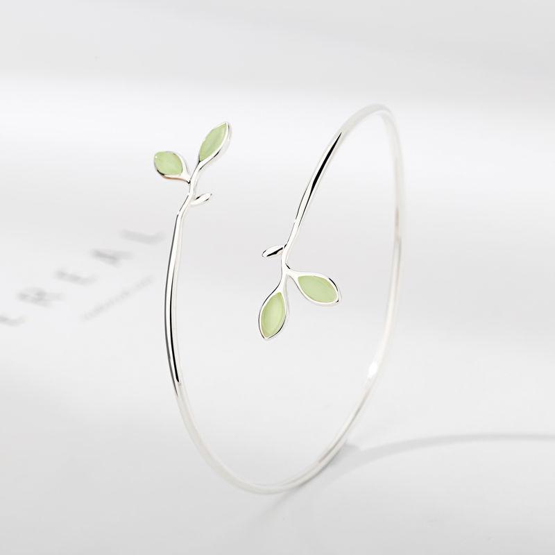 925 Silver Bracelet Bangle Simple Green Leaf Elegant Nature For Woman Girl Fashion Jewelry Gift Dropship