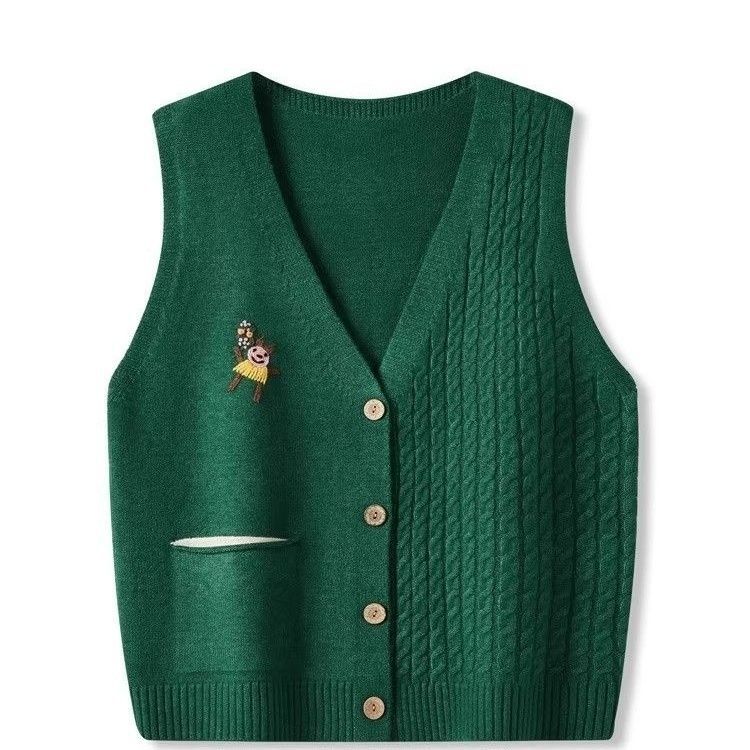 Vintage Fried Dough Twists V-neck Knitted Vest for Women Spring Autumn Hand Embroidered Vest