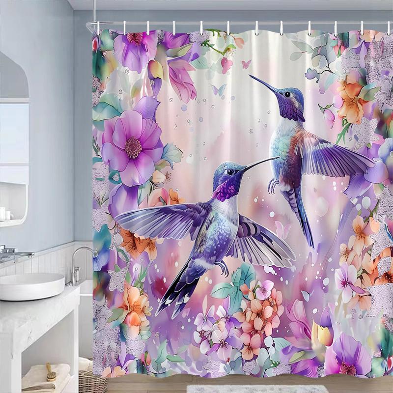 

Purple Floral Hummingbird Shower Curtains Butterfly Birds Flowers Plant Modern Polyester Home Bathroom Curtain Decor With Hooks W60H190(CM)-1 Pcs