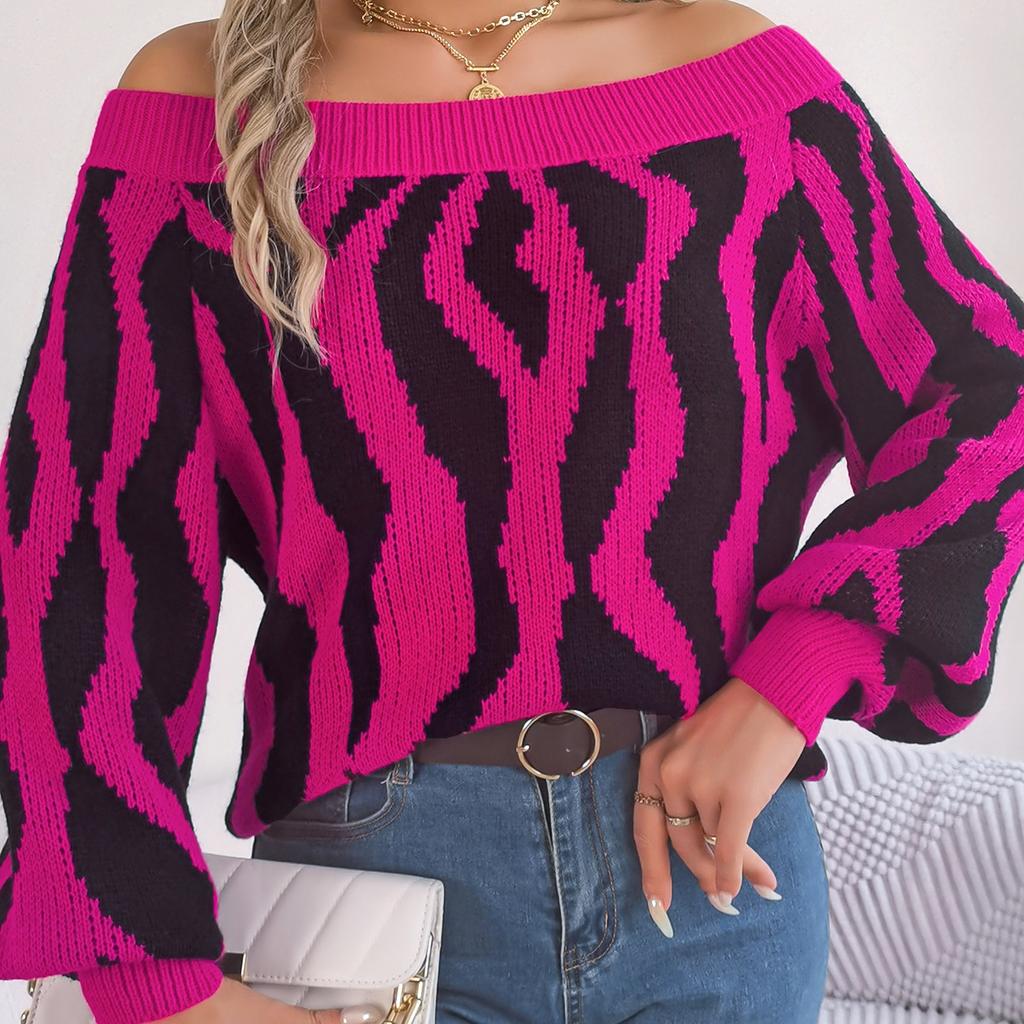 GMXIA Women's Fashion Casual  Autumn Winter Long Sleeve One Shoulder Loose Off-shoulder Sleeved Sweater In Contrasting Colors