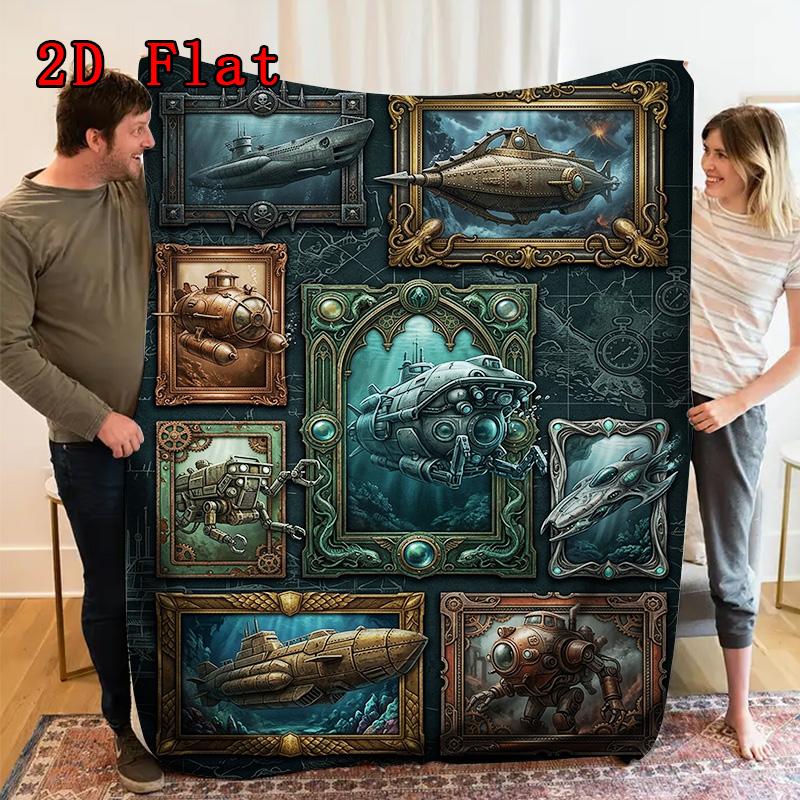 Steampunk Submarine Adventure Rug 2D Flat Pattern Flannel Blanket High quality All Seasons Warmth and Comfort Perfect for Christmas Gifts.