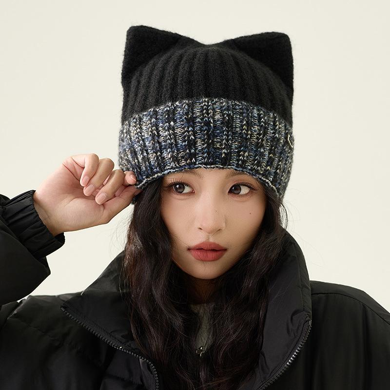 Cat Ear Wool Hat Women's Autumn Winter Warm Knitted Hat Thick Hat