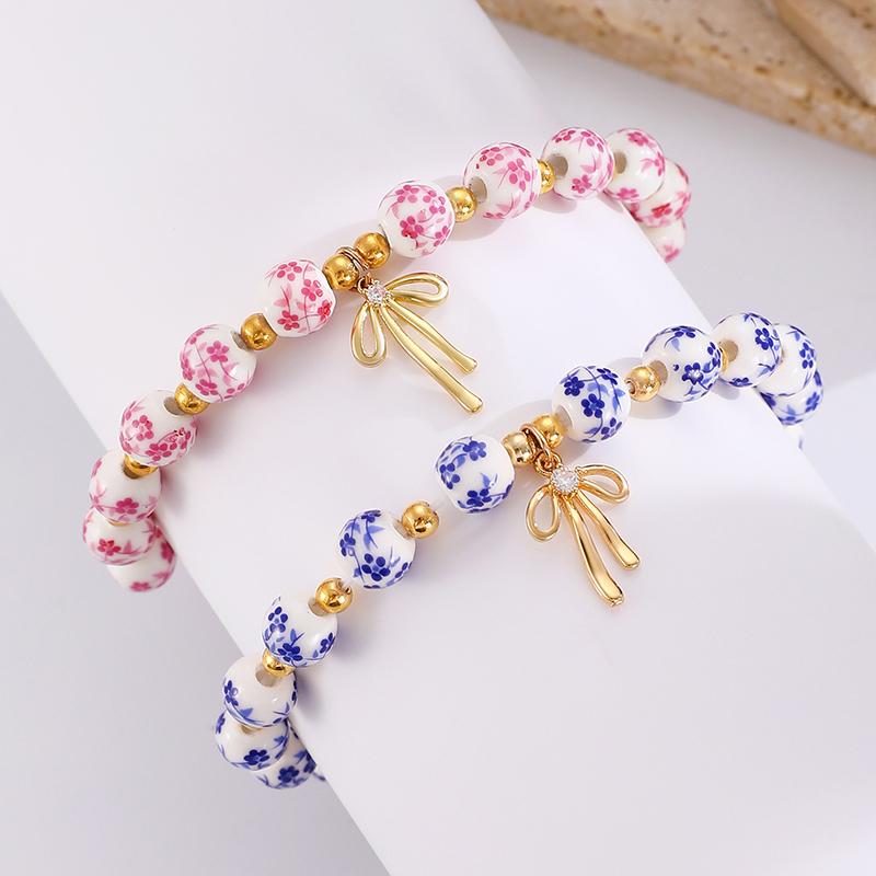 Handmade Bow Blue White Ceramic Bracelet Chinese Adjustable Elastic Rope able Girl Pendant Bracelet Accessories Gift
