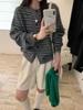 Striped Round Neck Women's Knit Cardigan - Autumn/Winter Loose Fit Sweater Coat