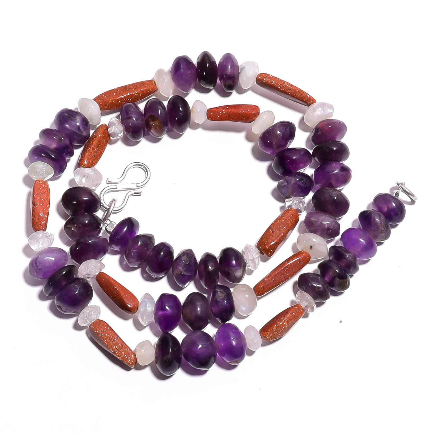 

Natural Amethyst Golden Sandstone Moonstone Gemstone Beads Necklace 17 UB-4202 UB-4202