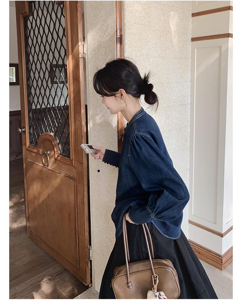 Women's 2025 Spring Retro Puff Sleeve Denim Shirt – Stylish, Unique, and Trendy Short Top