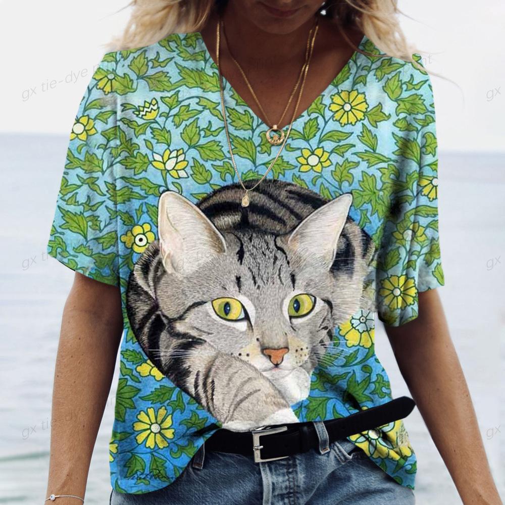Stylish Breathable Cat Print Short-sleeved V-neck Simple Top T-Shirts Women’s