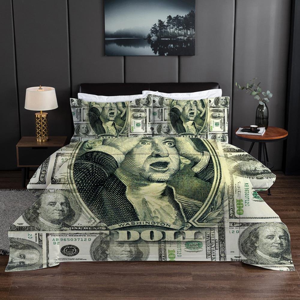 Dollar Printed Duvet Set, Dollar Bill Bedroom Bedding Quilt Set Three-Piece Set
