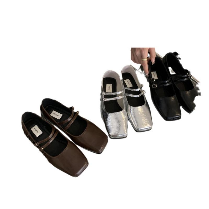 Silver Single Shoes Female Flat Bottom Autumn New Temperament Fairy Commuting Square Head Shallow Mouth Mary Jane