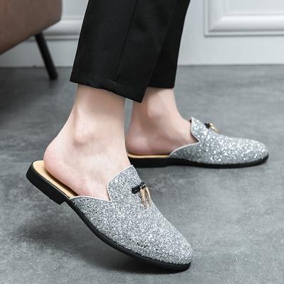Fashion 2024 Summer Sequined Half Slippers Loafer Men's Shoes Nightclub Party Trendy Shoes Leather Slip On Breathable Casual Moccasins