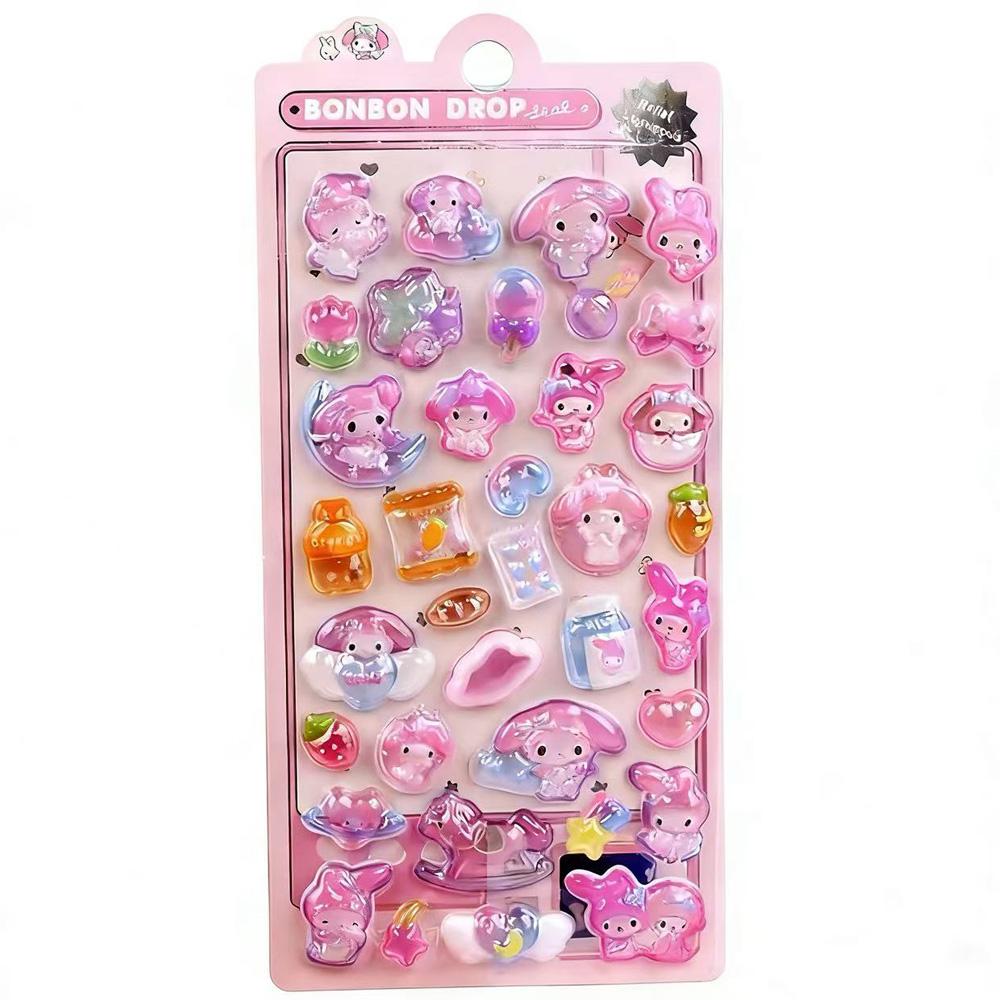 Luminous Cute Sanrio 3D Relief Stickers Kawaii Girls Kuromi Cinnamoroll My Melody Crystal Decals Kids Decoration Sticker Packs