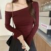 Off Shoulder Sexy Navy Blue Long Sleeve Tee Women Early Autumn Brightening Ruffle Waist Base Layer Top