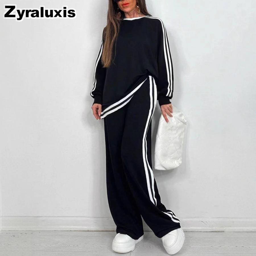 Fall Winter Fashion Casual Striped Long Pants with Long Sleeve New Style Crew Neck Set Women's Clothing