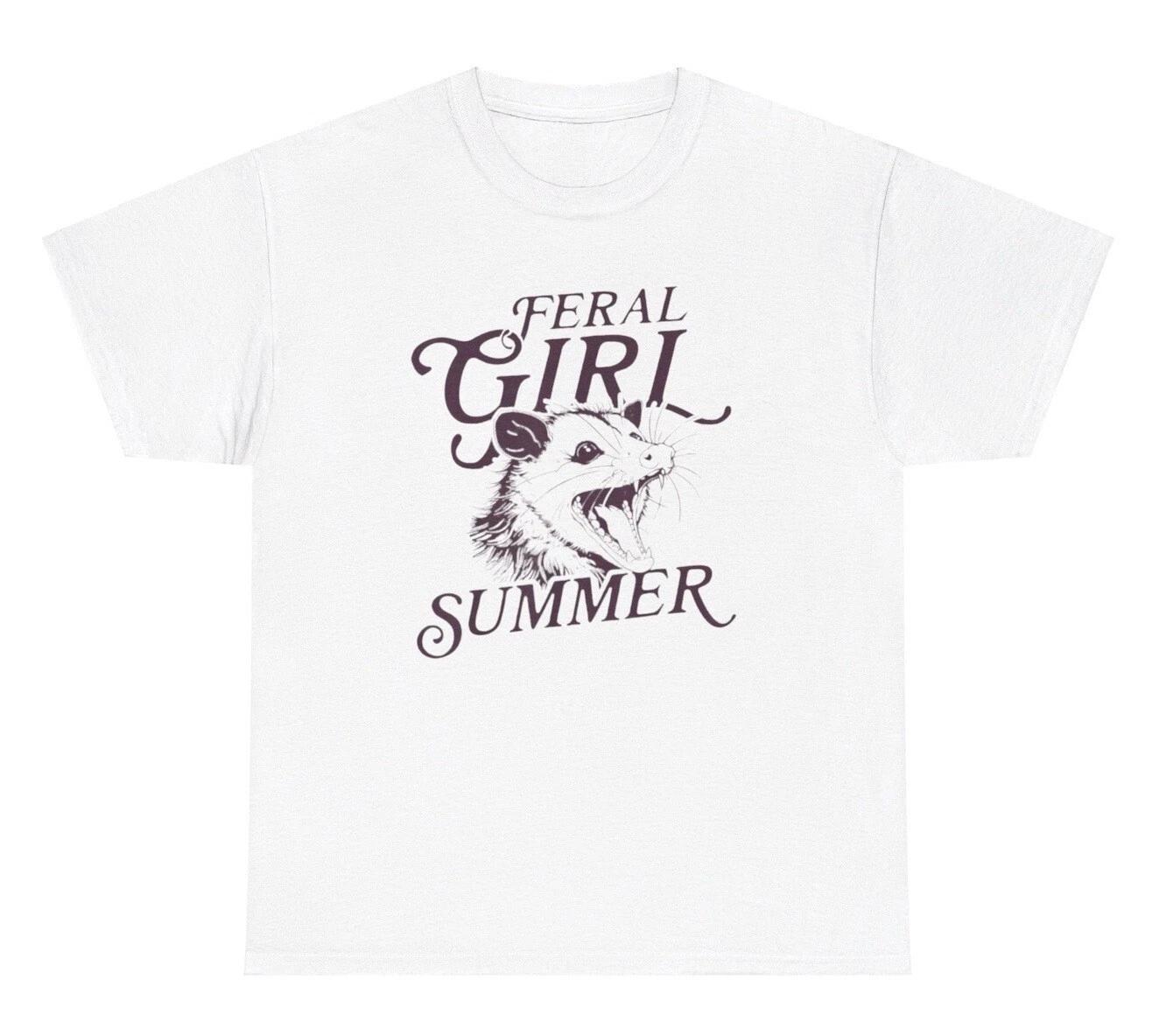 Feral Girl Summer Raccoon Graphic T Shirt Funny Ironic Gen Z Weirdcore Tee L