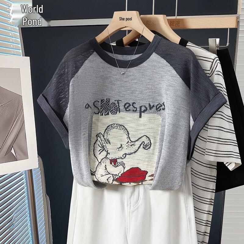 Women s Summer Ice Silk Raglan Sleeve Printed T-Shirt L