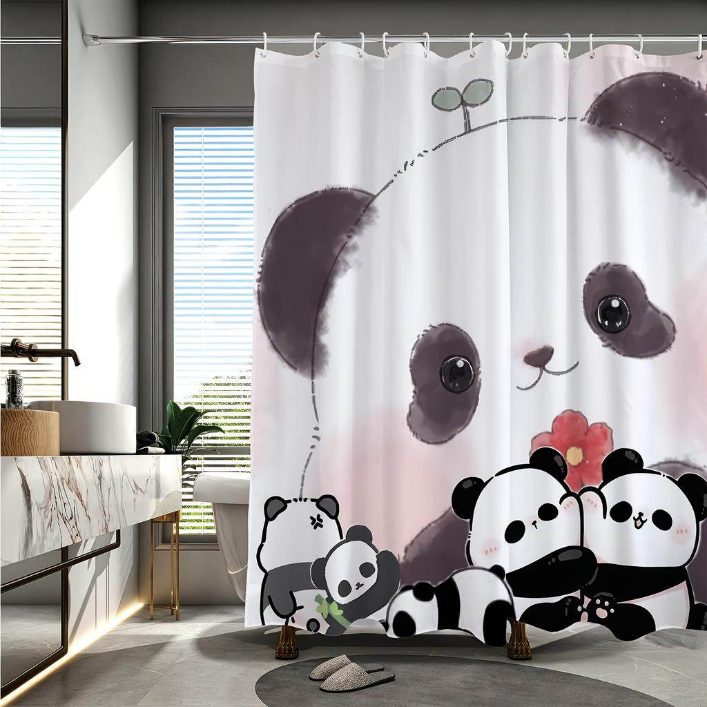 Cute Cartoon Panda Pattern Digital Print Shower Curtain - Machine Washable, Reversible Polyester, All-Season Bathroom/Home Decor