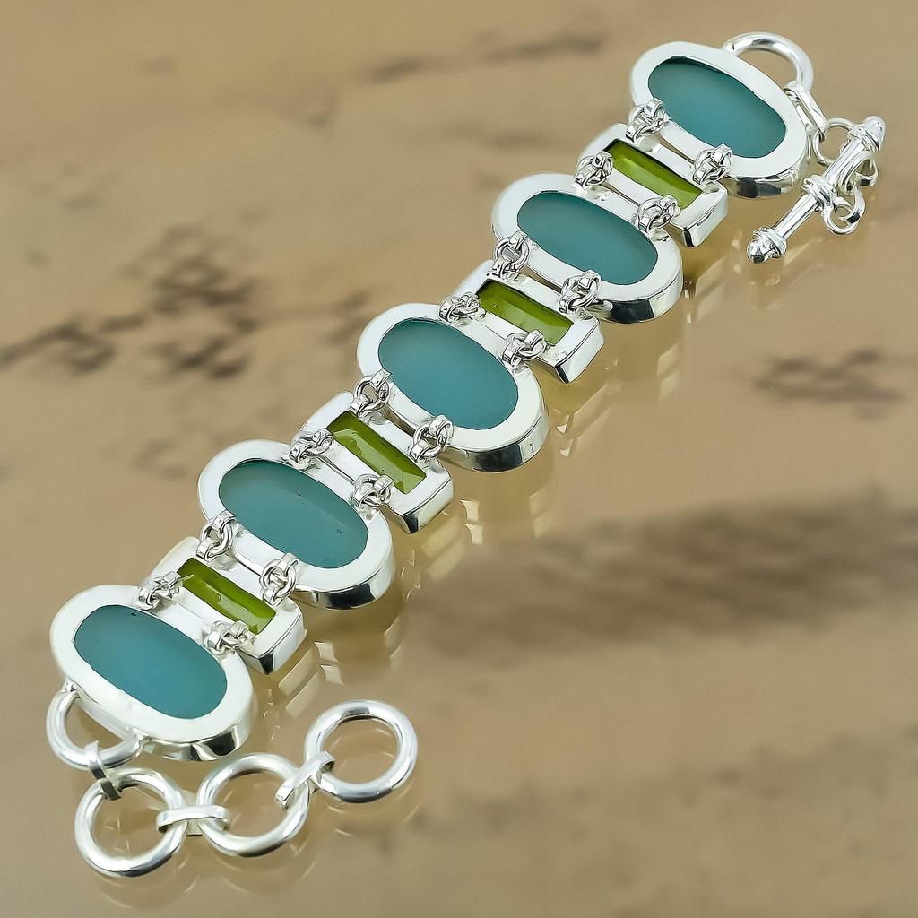 Natural Green Chalcedony Gemstone Chain Adjustable Bracelet 925 Silver For Women
