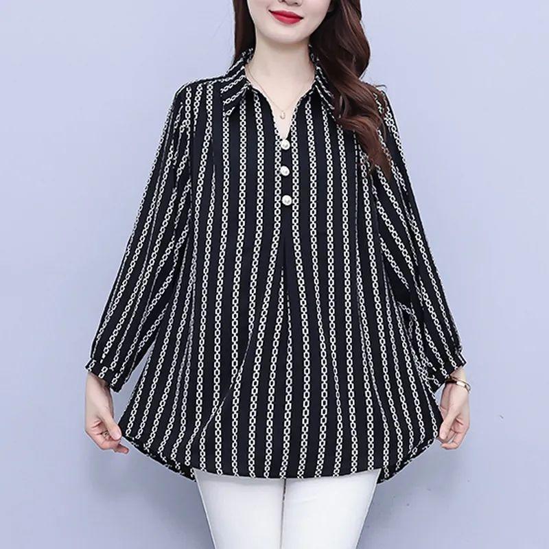 Mid-length Vertical Striped Shirt for Women Early Autumn New Large Size Loose and Stylish Lapel Women's T-shirt