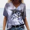 Übergröße Damen T-Shirt Kawaii Katzenaufdruck 3D T-Shirt Top Mädchen Y2k Kleidung Kurzarm T-Shirts V-Ausschnitt Lässig Urlaub Damen T-Shirt